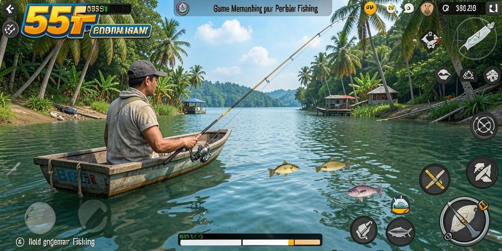Tampilan gameplay <strong>555F</strong> yang memukau saat memancing di berbagai lokasi.