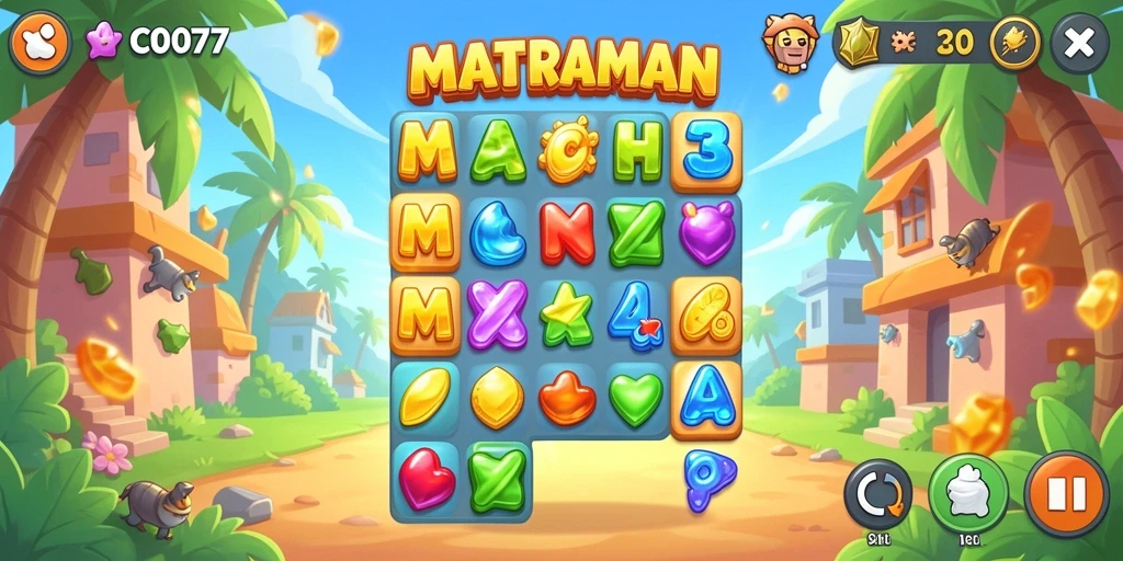 Screenshot gameplay menarik dari C0077 menunjukkan kombinasi match-3.