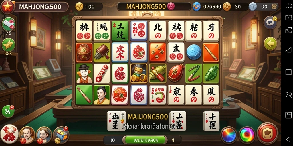 Screenshot gameplay Match-3 dari MAHJONG500 yang mendebarkan.