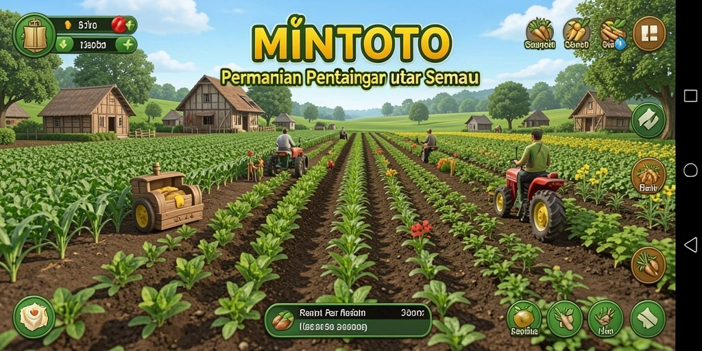 Tangkapan layar gameplay MINTOTO yang menunjukkan pertanian yang produktif.